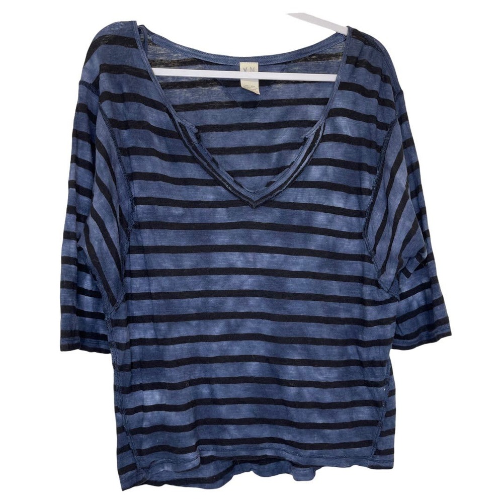 We the Free Blue with Black Stripes V-Neck 3/4 Length Sleeves T-Shirt Size Med